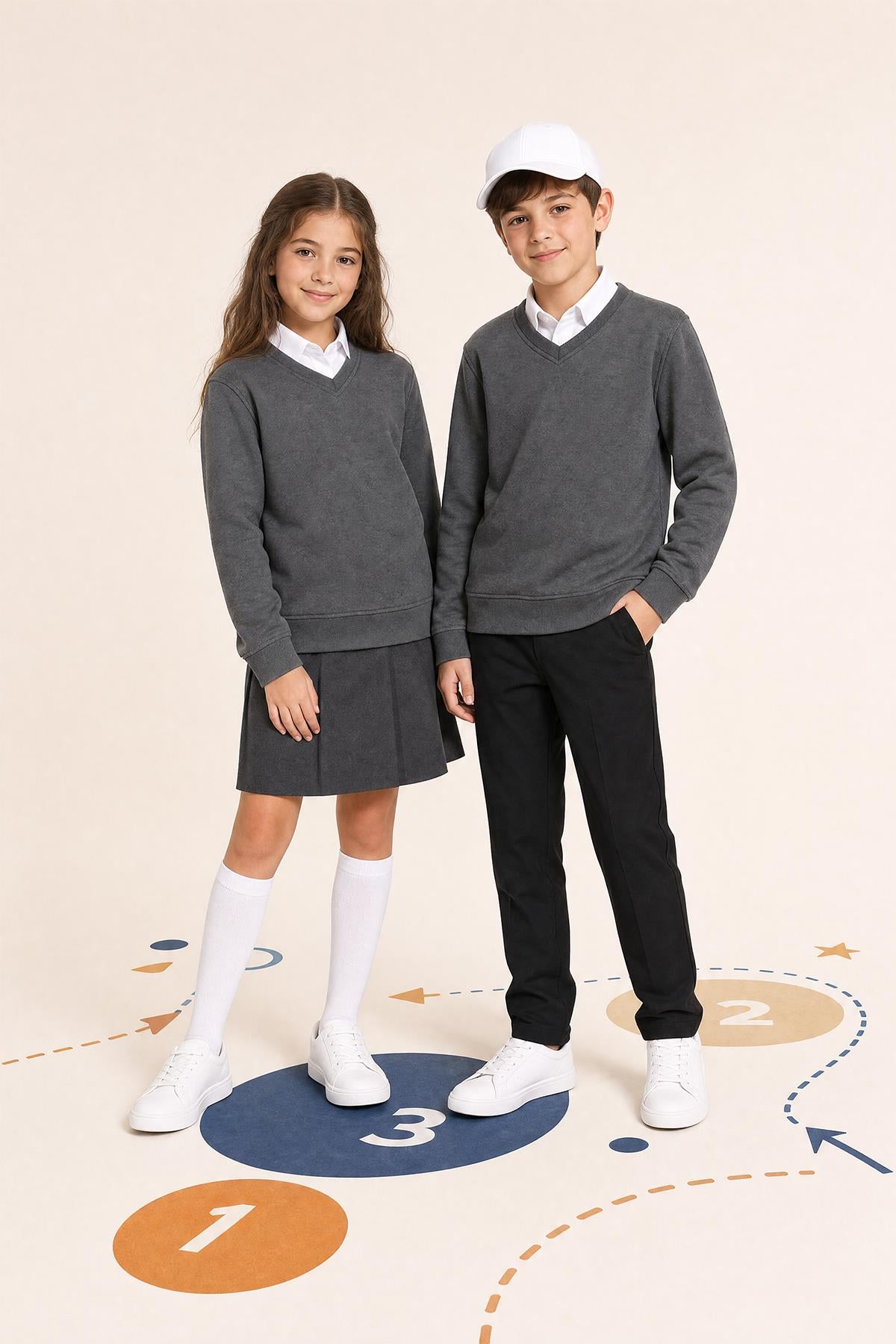 Unisex Çocuk Kışlık V Yaka Polarlı Okul Sweatshirt