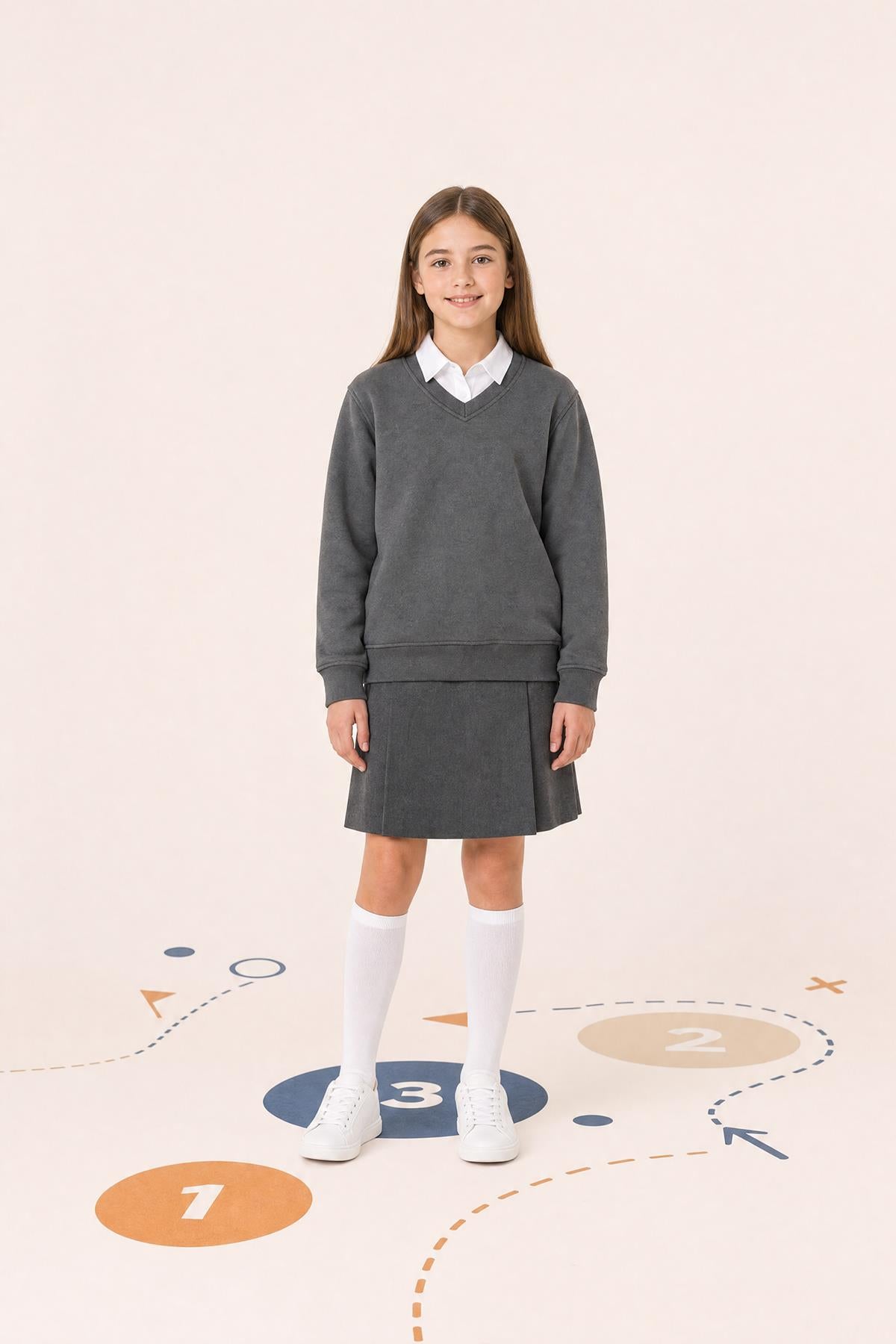 Unisex Çocuk Kışlık V Yaka Polarlı Okul Sweatshirt