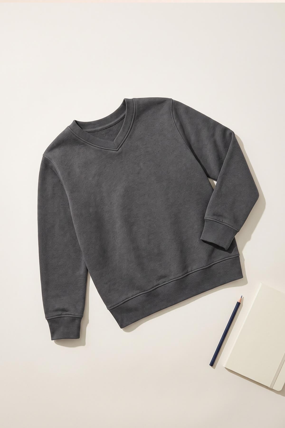 Unisex Çocuk Kışlık V Yaka Polarlı Okul Sweatshirt