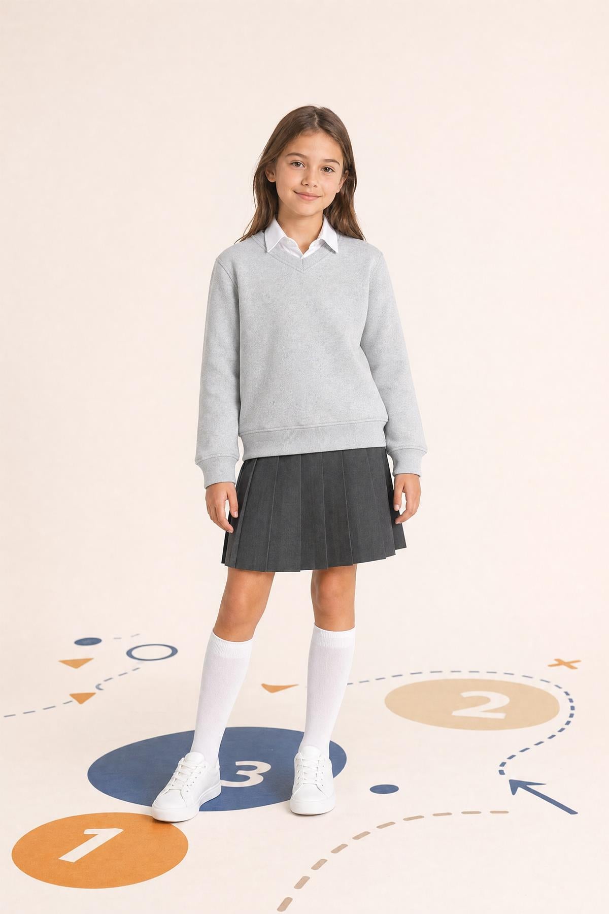 Unisex Çocuk Kışlık V Yaka Polarlı Okul Sweatshirt