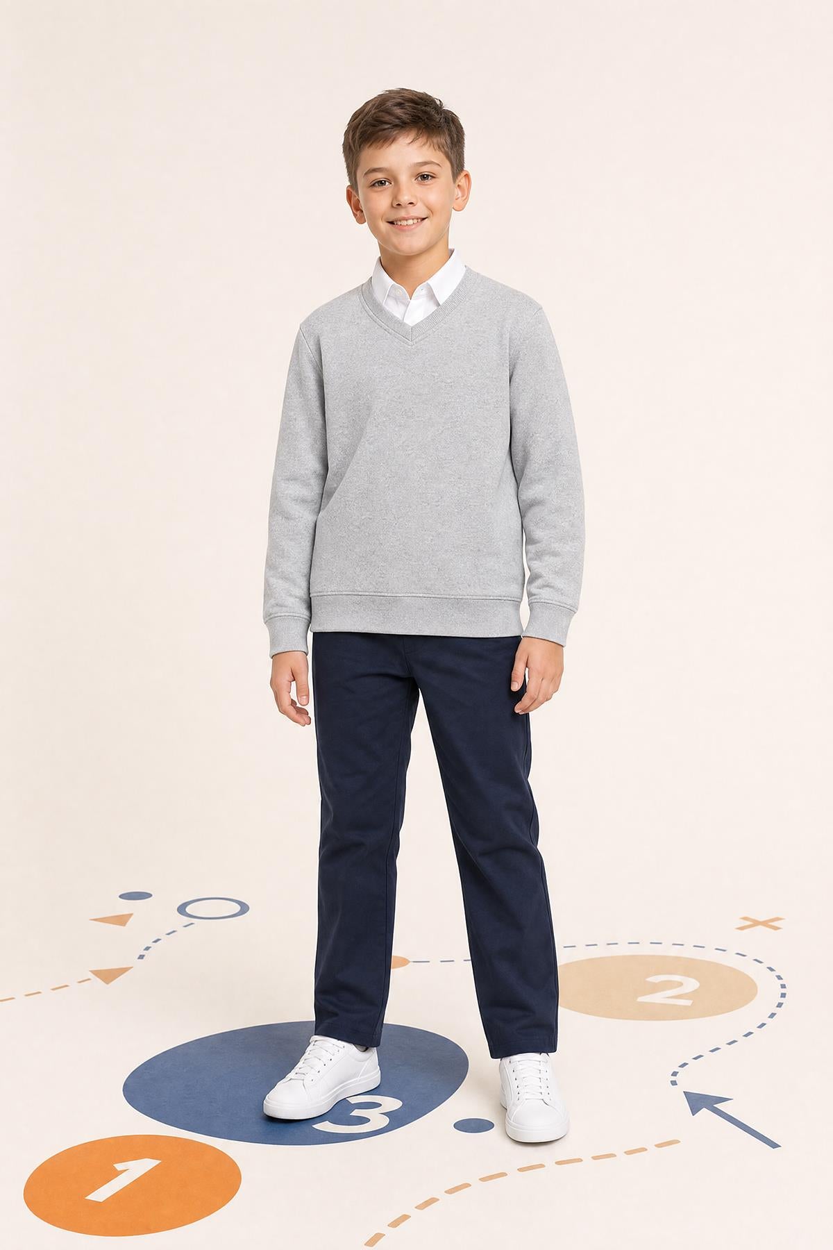 Unisex Çocuk Kışlık V Yaka Polarlı Okul Sweatshirt