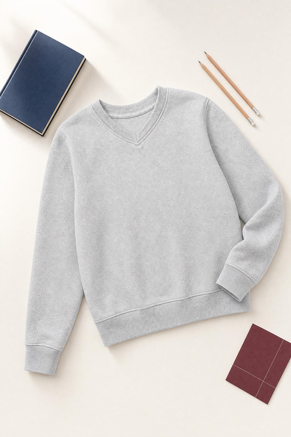 Unisex Çocuk Kışlık V Yaka Polarlı Okul Sweatshirt