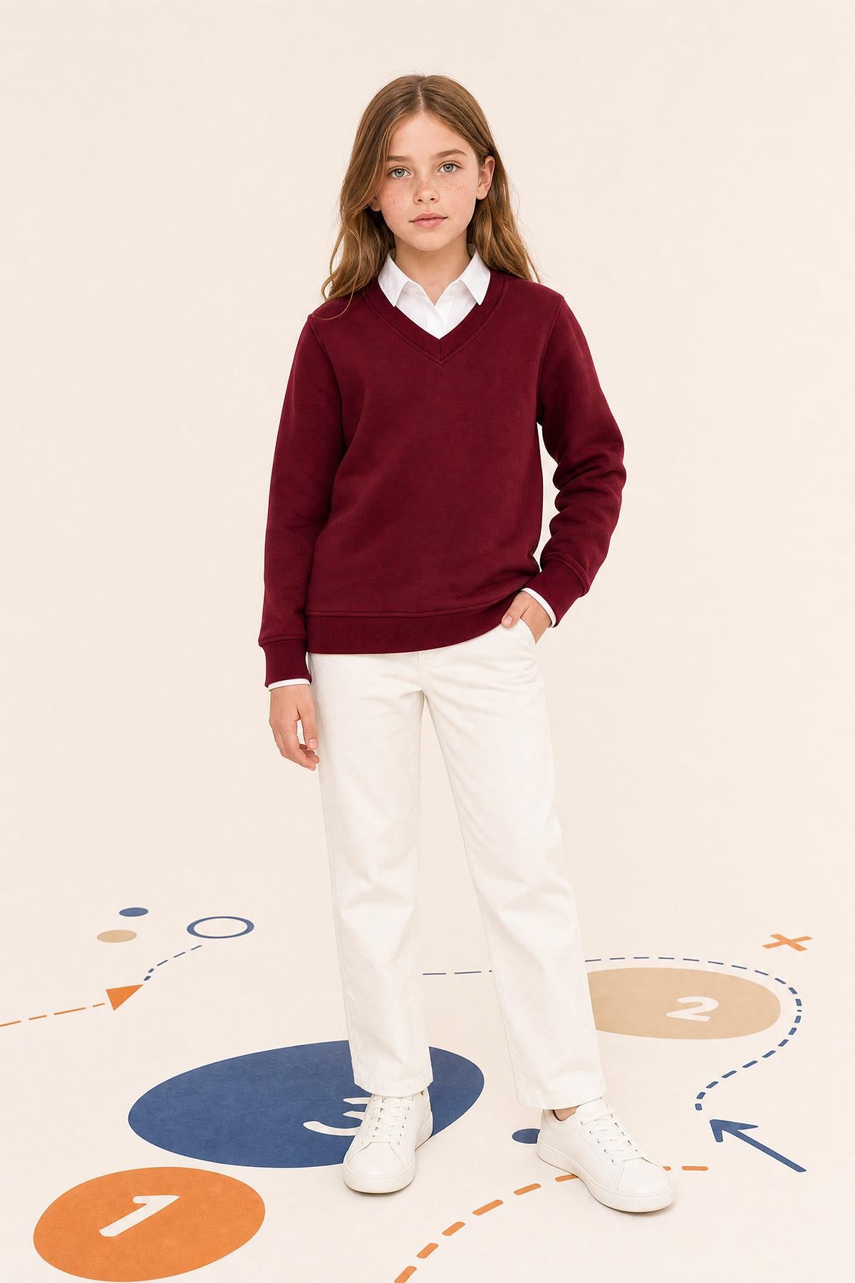 Unisex Çocuk Kışlık V Yaka Polarlı Okul Sweatshirt