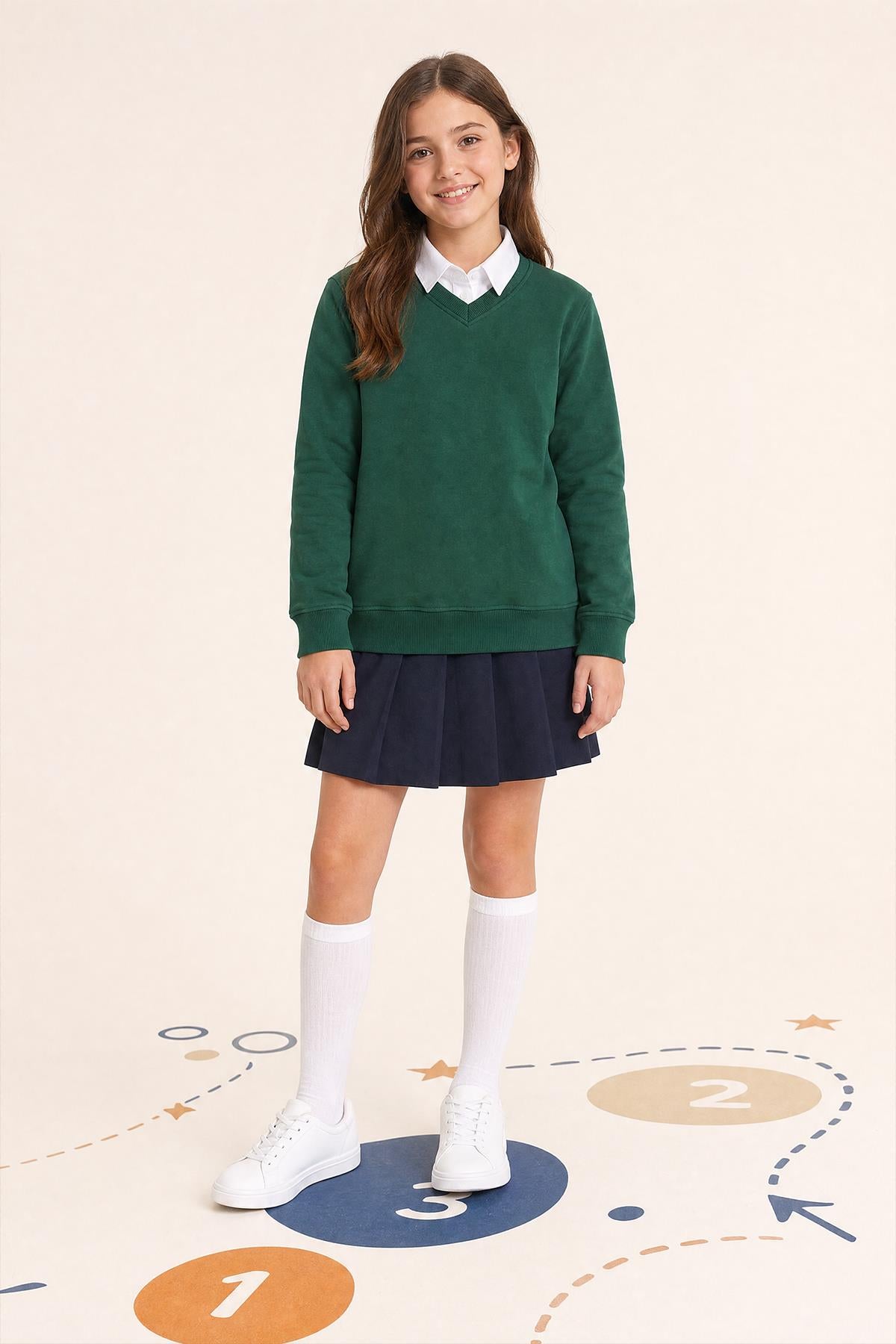 Unisex Çocuk Kışlık V Yaka Polarlı Okul Sweatshirt