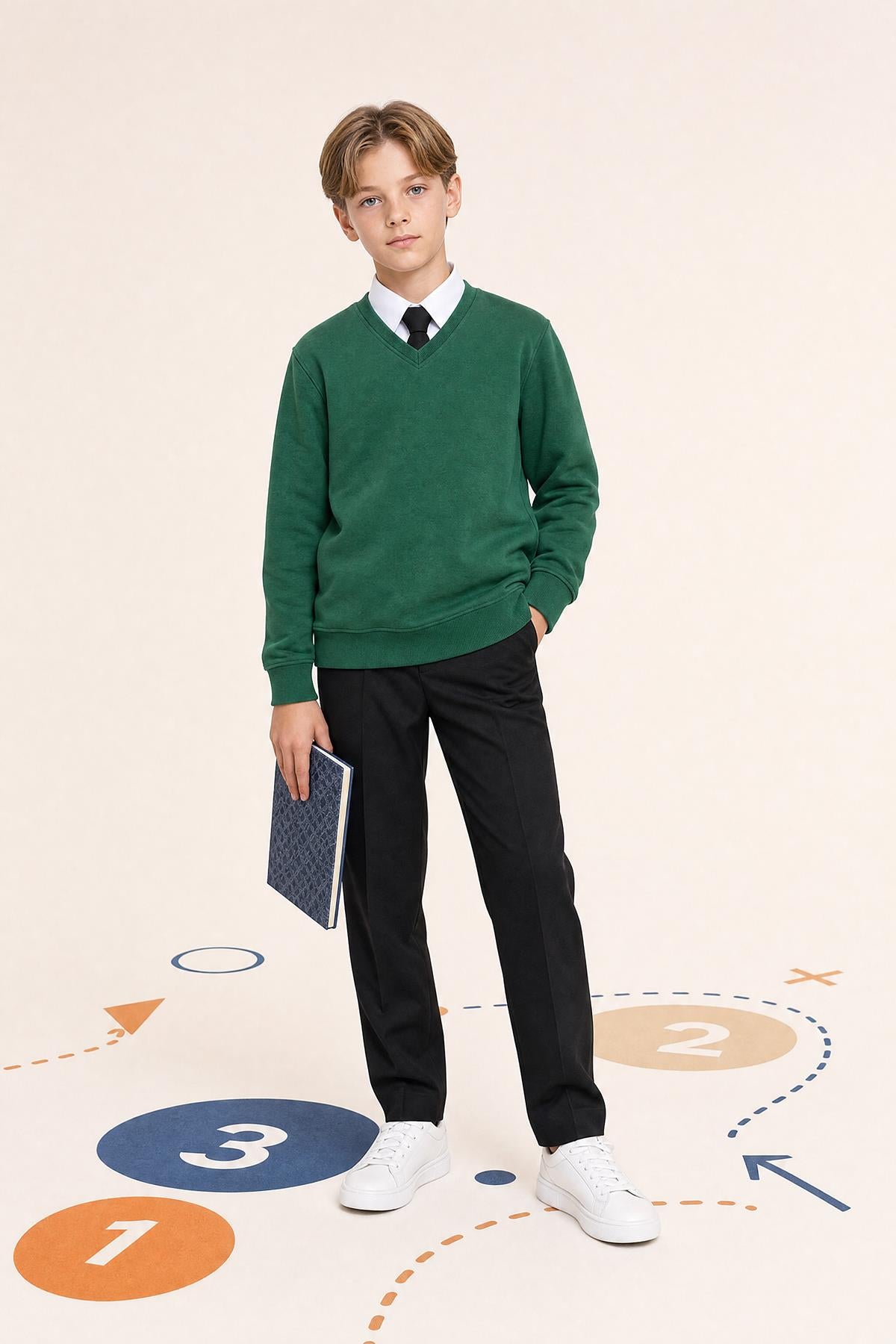Unisex Çocuk Kışlık V Yaka Polarlı Okul Sweatshirt