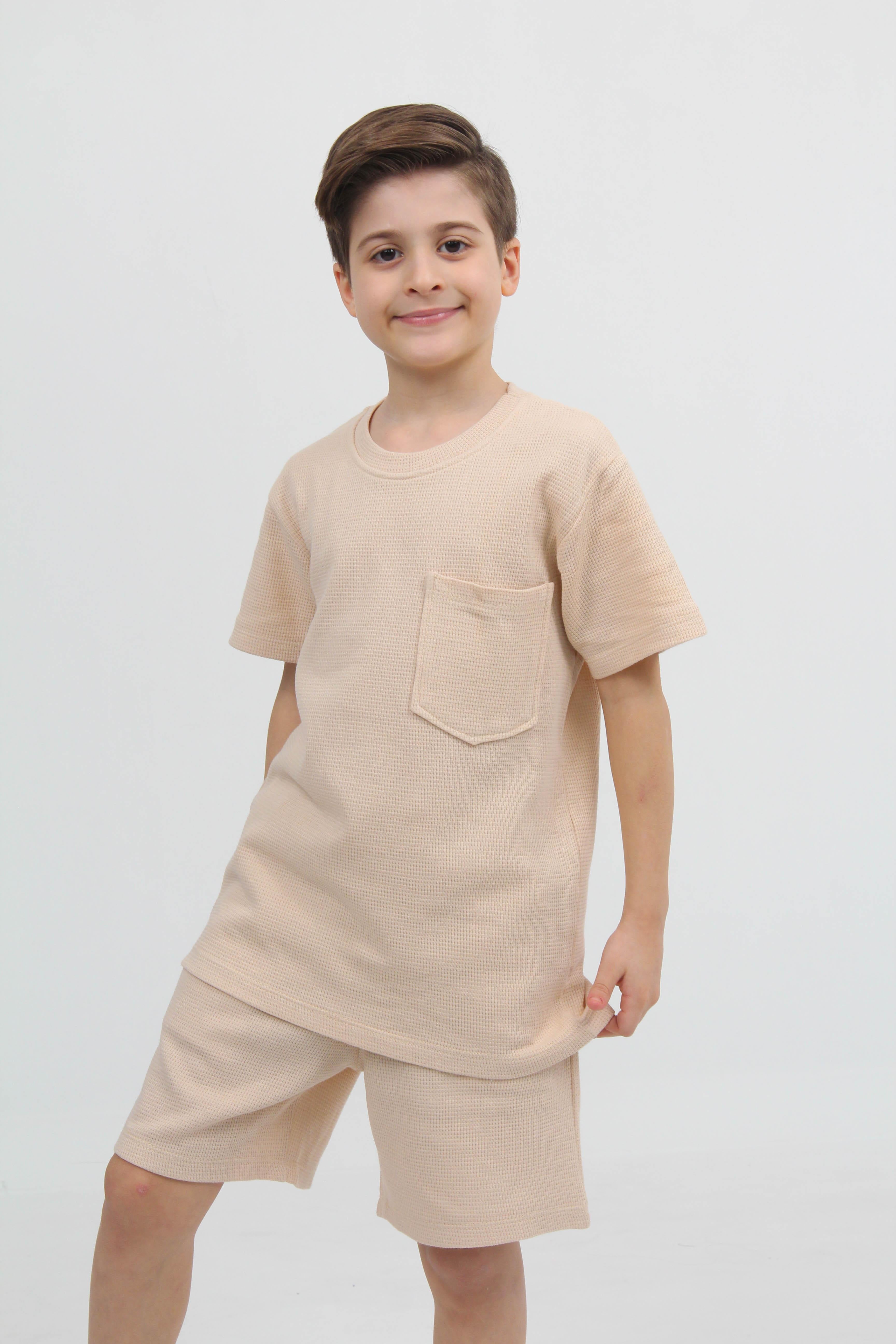 Waffle Dokulu Cepli Tshirt ve Şort Erkek Çocuk Takım
