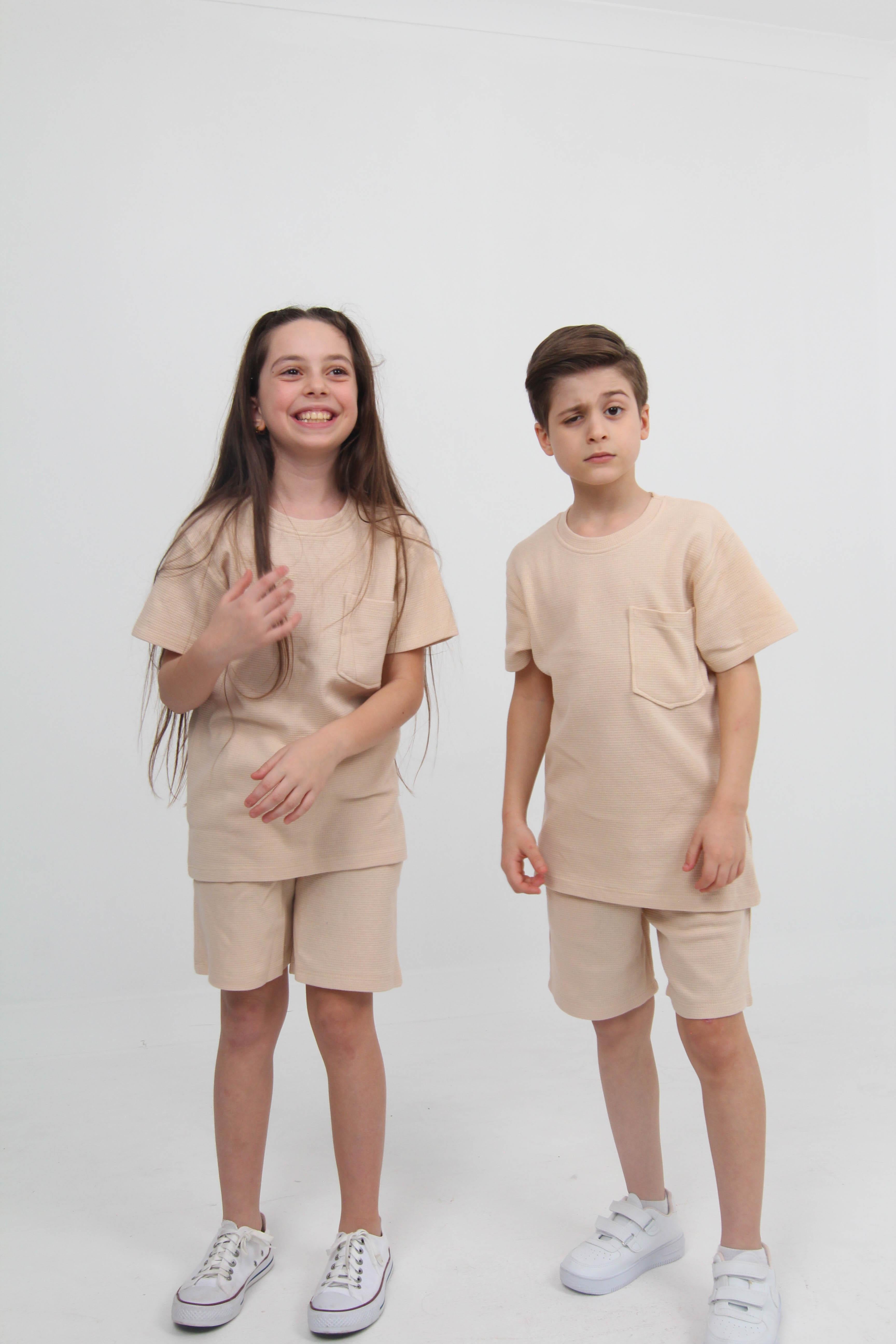 Waffle Dokulu Cepli Tshirt ve Şort Erkek Çocuk Takım