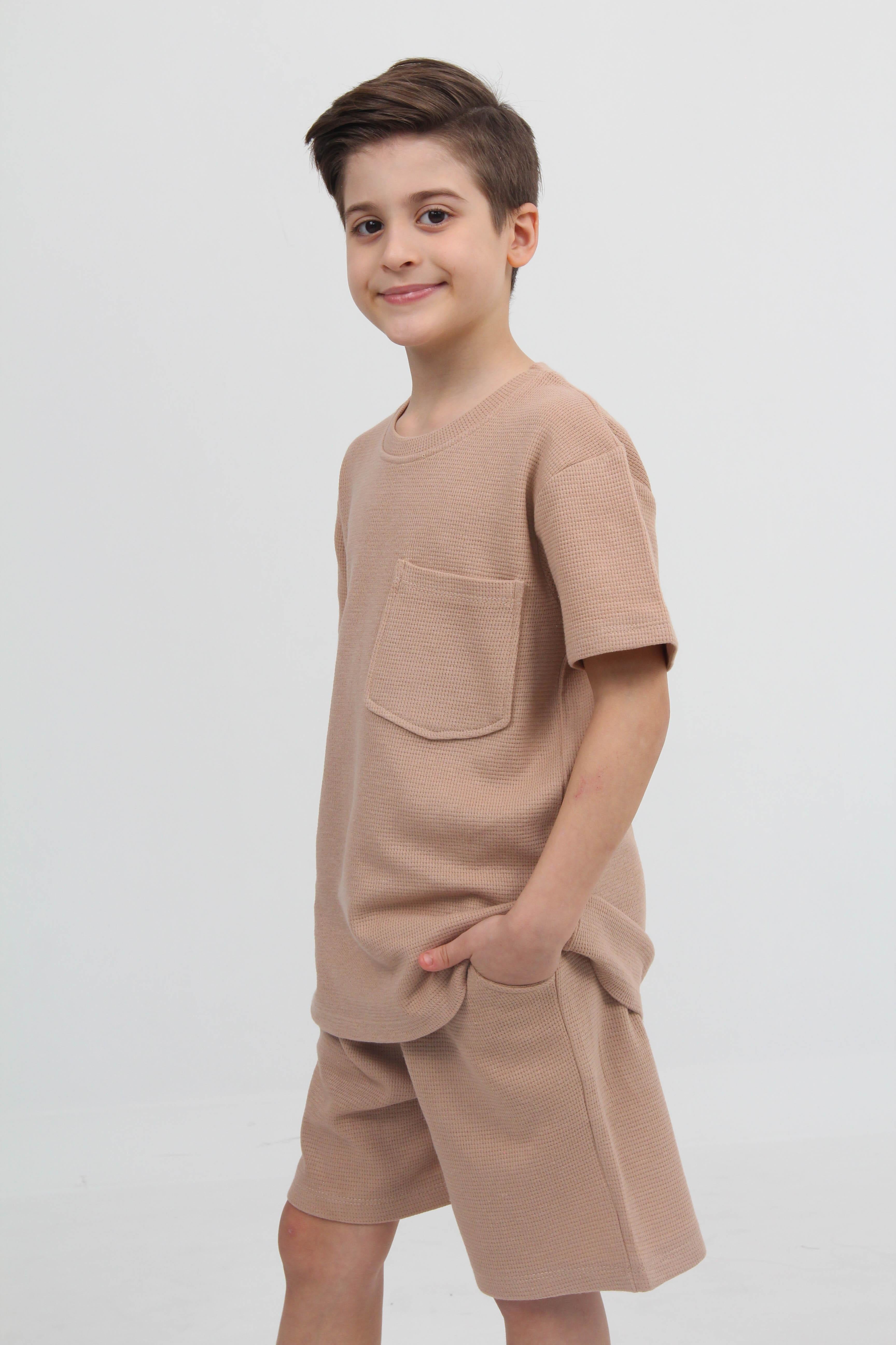 Waffle Dokulu Cepli Tshirt ve Şort Erkek Çocuk Takım